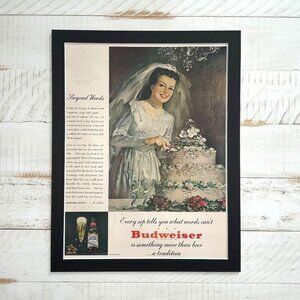 MCM Budweiser Beer Wedding Bride Decor, Funny 1940s Magazine Ad Ready to Frame